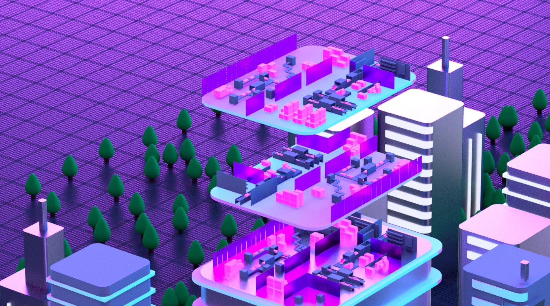 A digital illustration of a futuristic cityscape with futuristic buildings and trees, illuminated with purple, pink, and blue lighting in a vibrant, neon style.