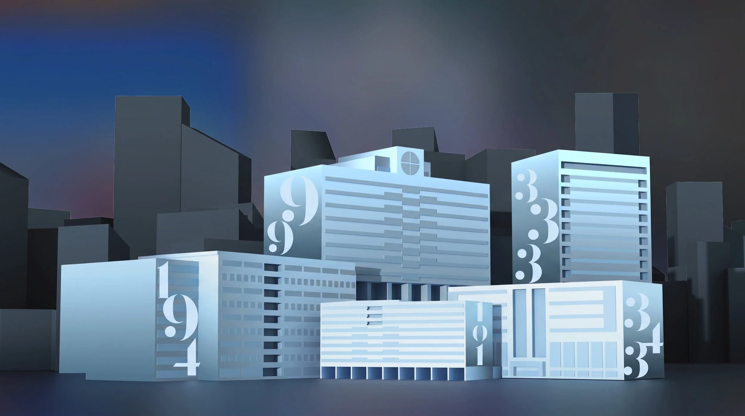 A digital illustration of a city skyline at dusk with buildings displaying large, white numbers and symbols on their facades, set against a darkening sky with gradient blue and purple hues.