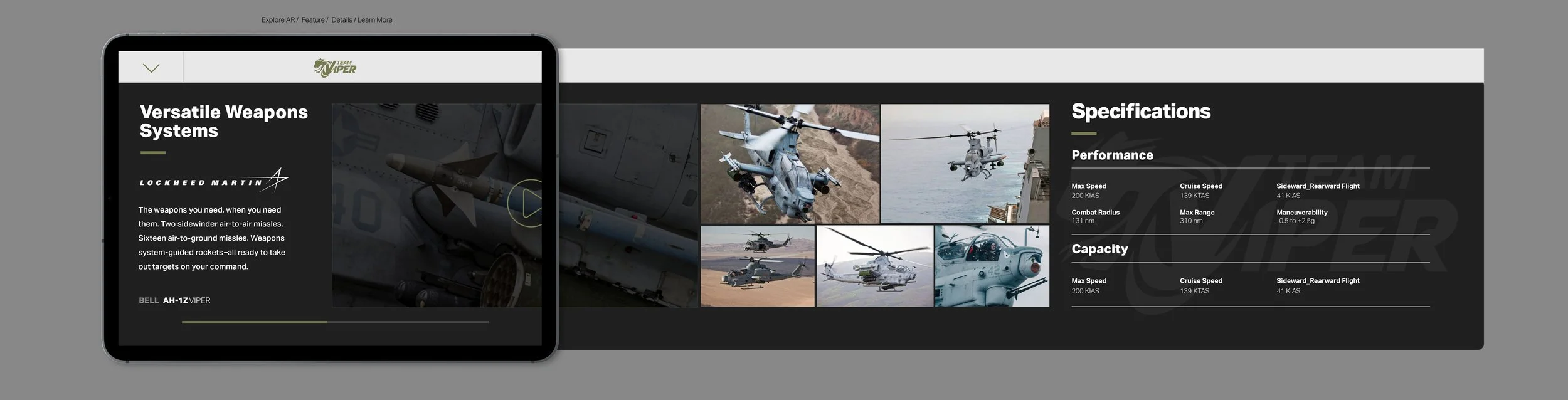 A digital display showcasing various military helicopters, with a section describing versatile weapon systems including air-to-air missiles, rockets, and guided missiles, and a performance and capacity comparison table on the right.