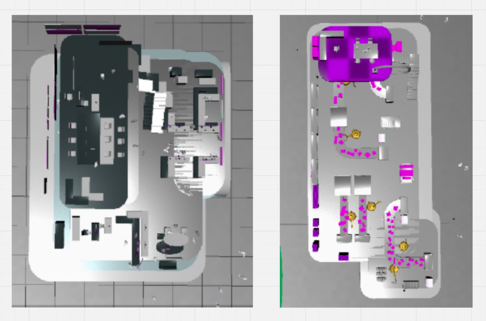 Satellite image of a building plan split into two sections with various rooms, corridors, and objects marked in purple and yellow, set against a tiled grey floor.