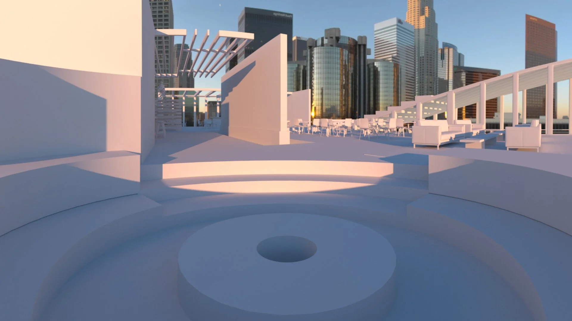 Skyline view of modern city with tall glass buildings at sunset, featuring a rooftop terrace with white furniture and a small stage area, overlooking the cityscape.