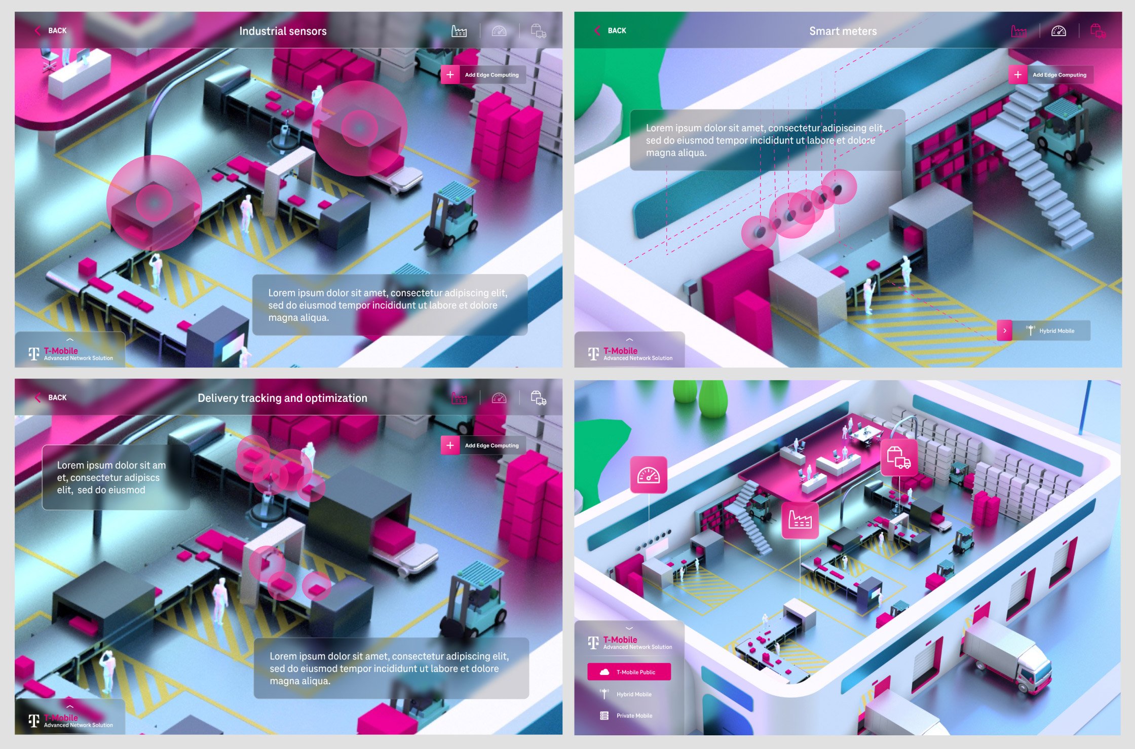Screenshots of a futuristic industrial facility with sensors and smart meters, displaying a detailed 3D layout in bright colors such as pink, green, and blue, with various icons representing different technological components.