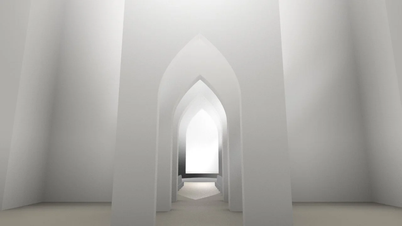 White interior with Gothic arched doorways and soft lighting.