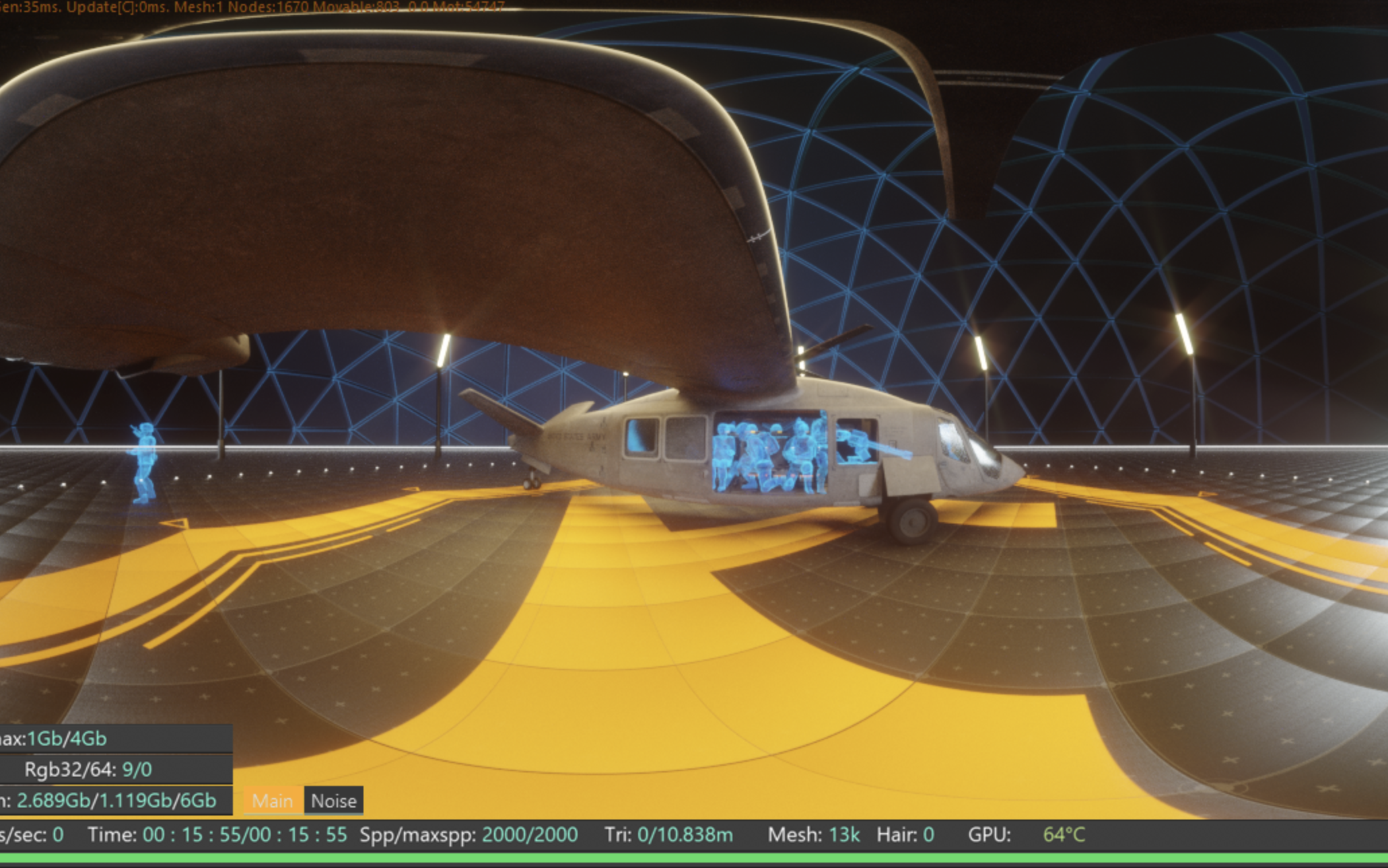 A 3D computer-generated image of a futuristic spacecraft with an open canopy, displaying seated crew members, inside a high-tech hangar with a glowing blue geodesic dome ceiling and a grid-patterned floor