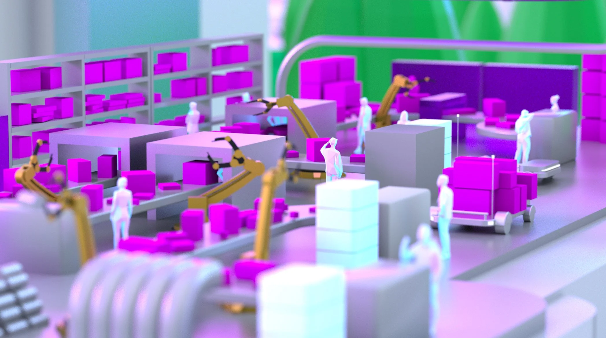 A miniature model of a manufacturing or assembly line with robotic arms and workers, including pink and purple blocks, in a colorful setting with a green and blue background.