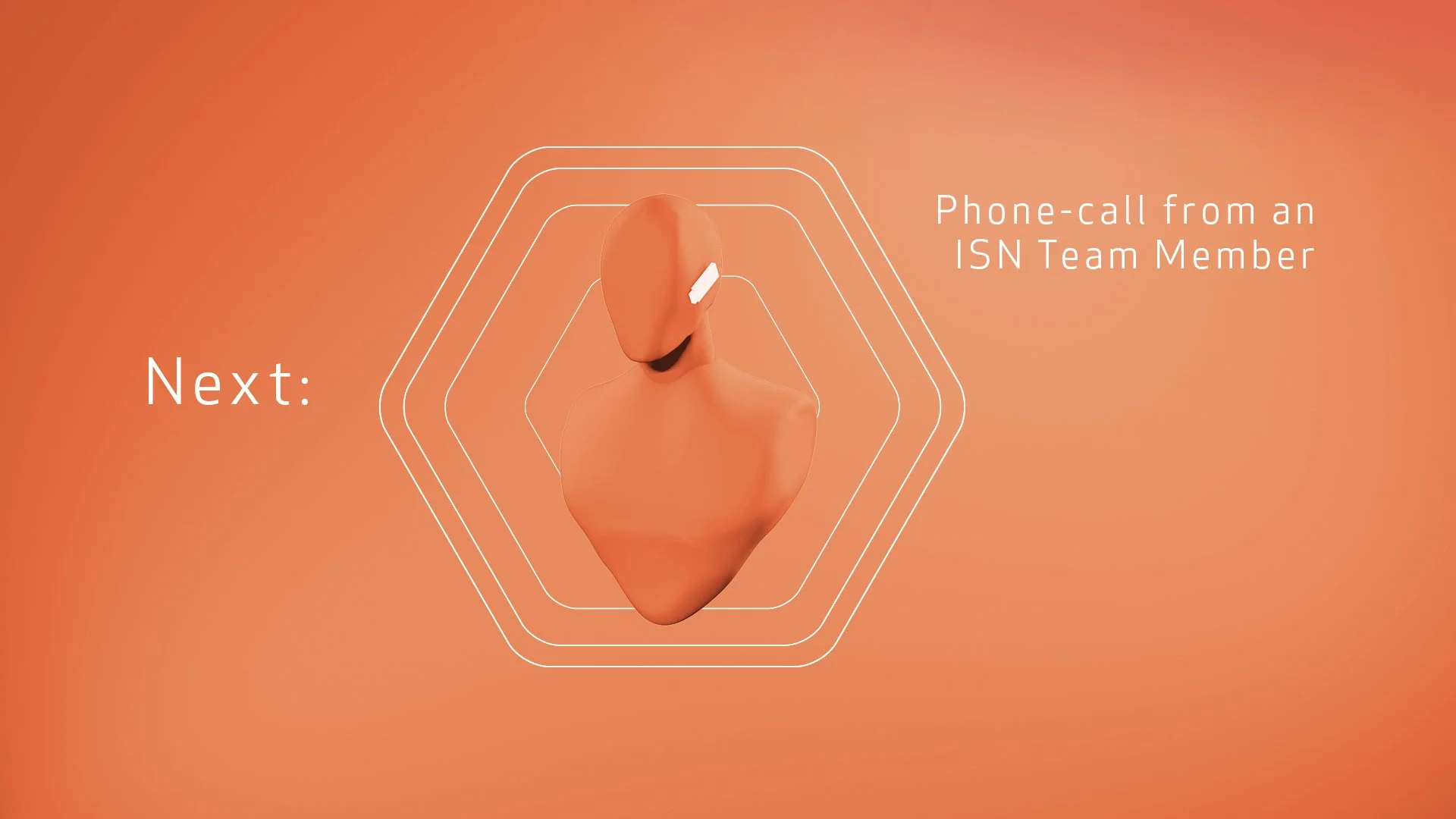 Orange background with a stylized illustration of a person warning an orange rubber duck, with text indicating a phone call from an ISN team member.