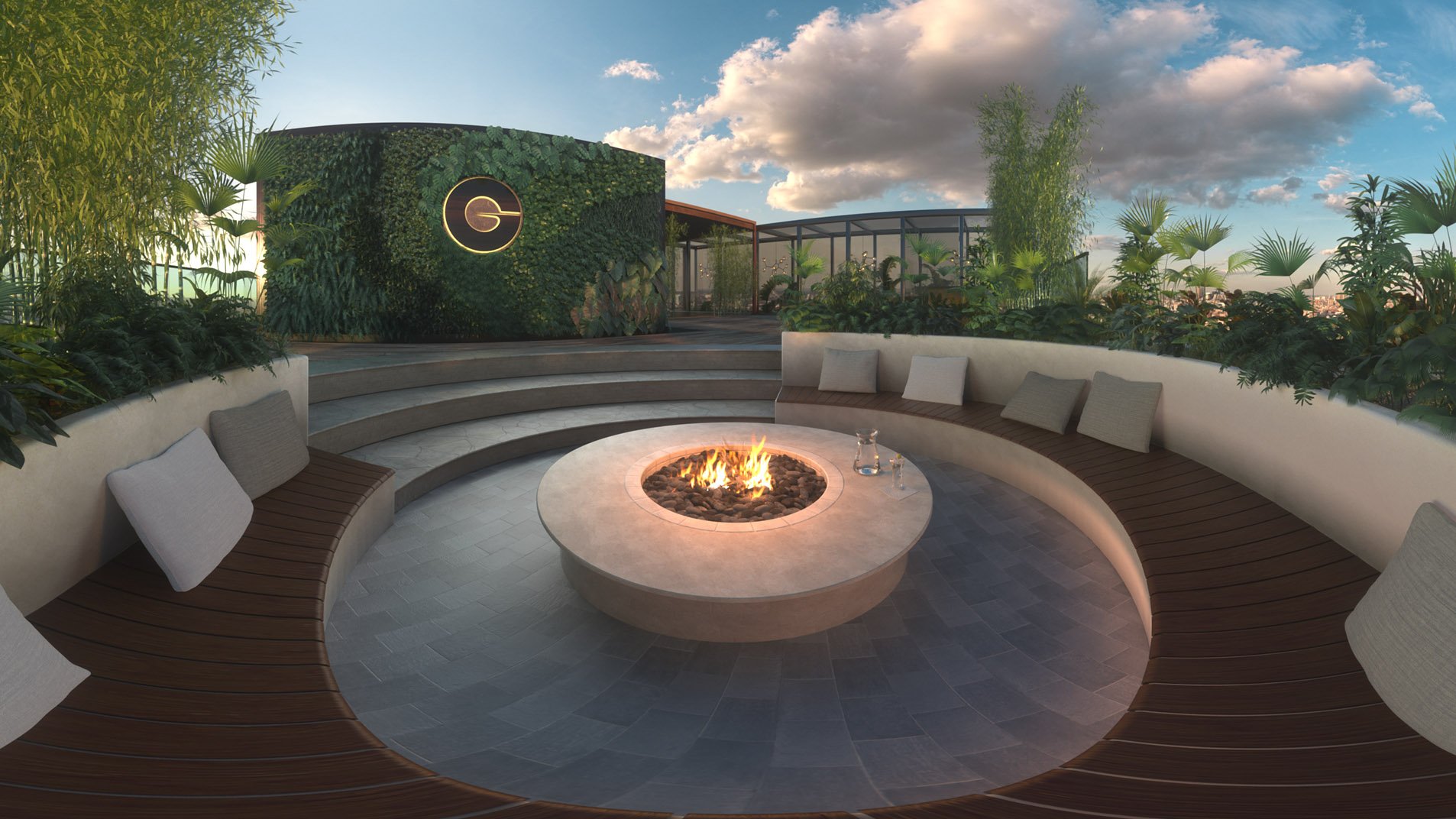 Rooftop terrace with a circular fire pit, curved seating with cushions, and lush green plants under a partly cloudy sky.