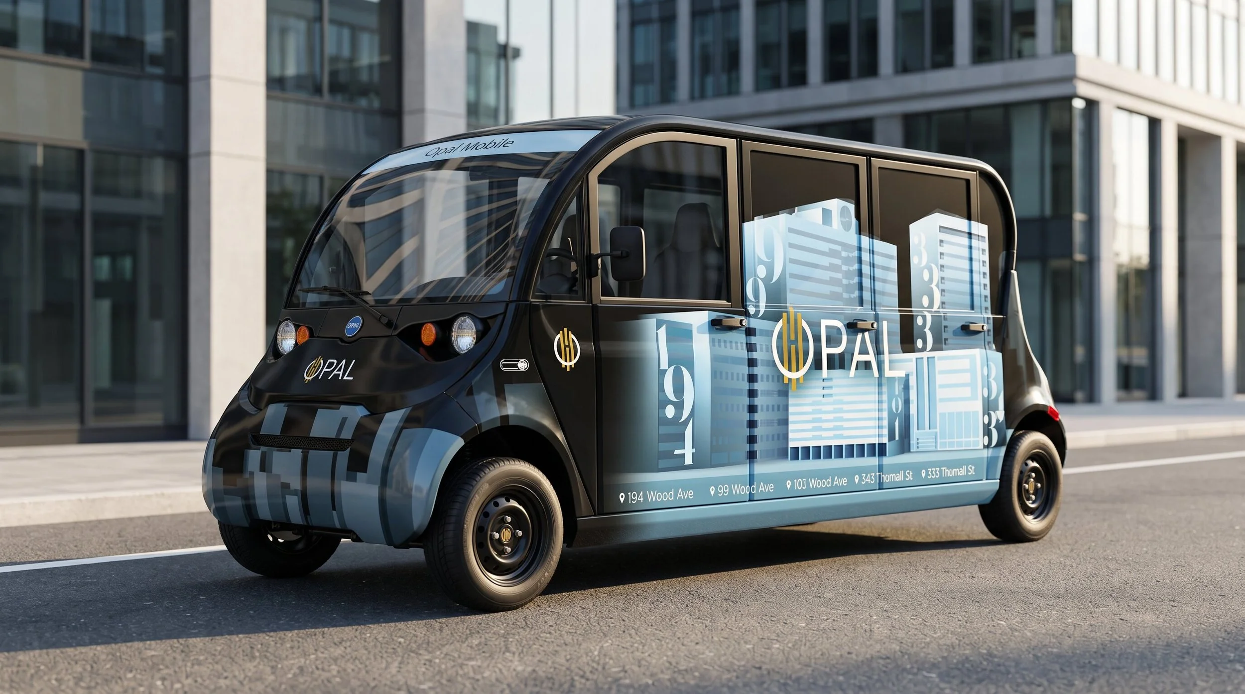 A black autonomous delivery vehicle with cityscape artwork on its side, parked outside modern glass buildings.