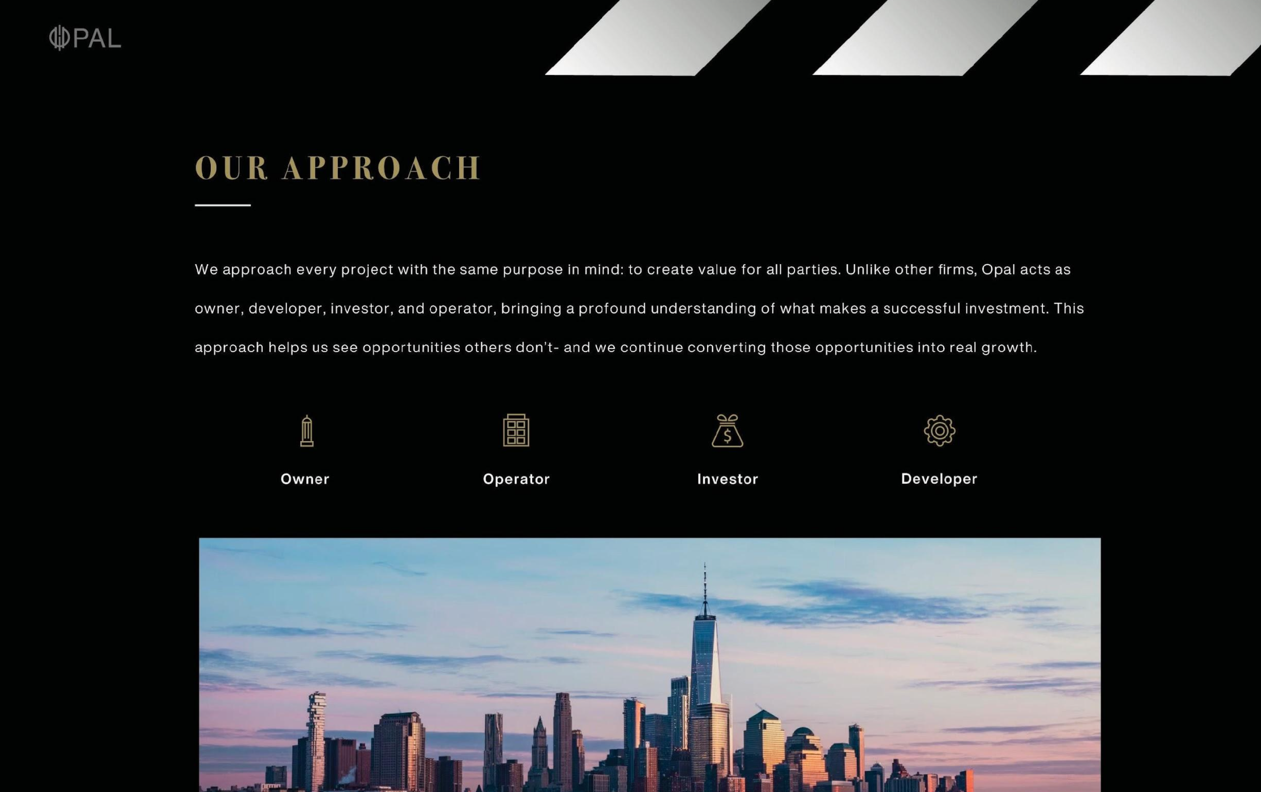 Part of a webpage with the heading "OUR APPROA" and a paragraph about creating value in projects. There are icons and labels for Owner, Operator, Investor, and Developer.