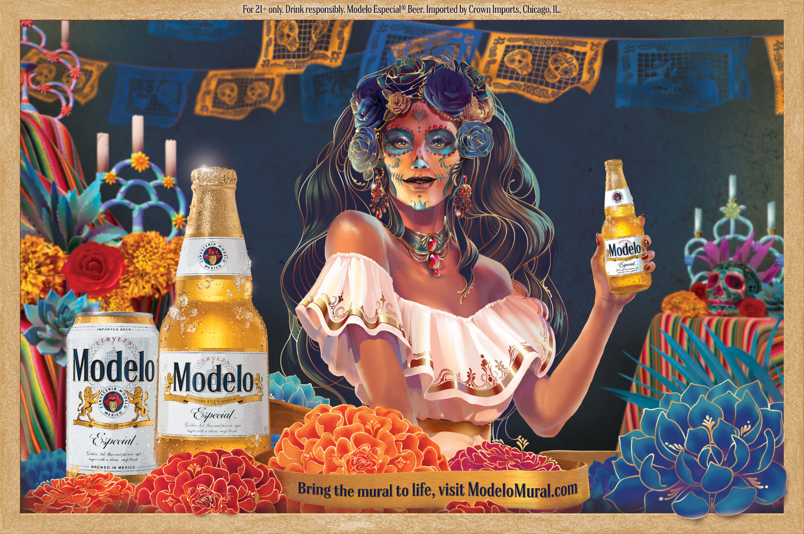 Colorful mural featuring a woman with 'Day of the Dead' face paint holding a Modelo beer bottle, surrounded by marigolds, cacti, and traditional Mexican decorations for Día de los Muertos celebration.