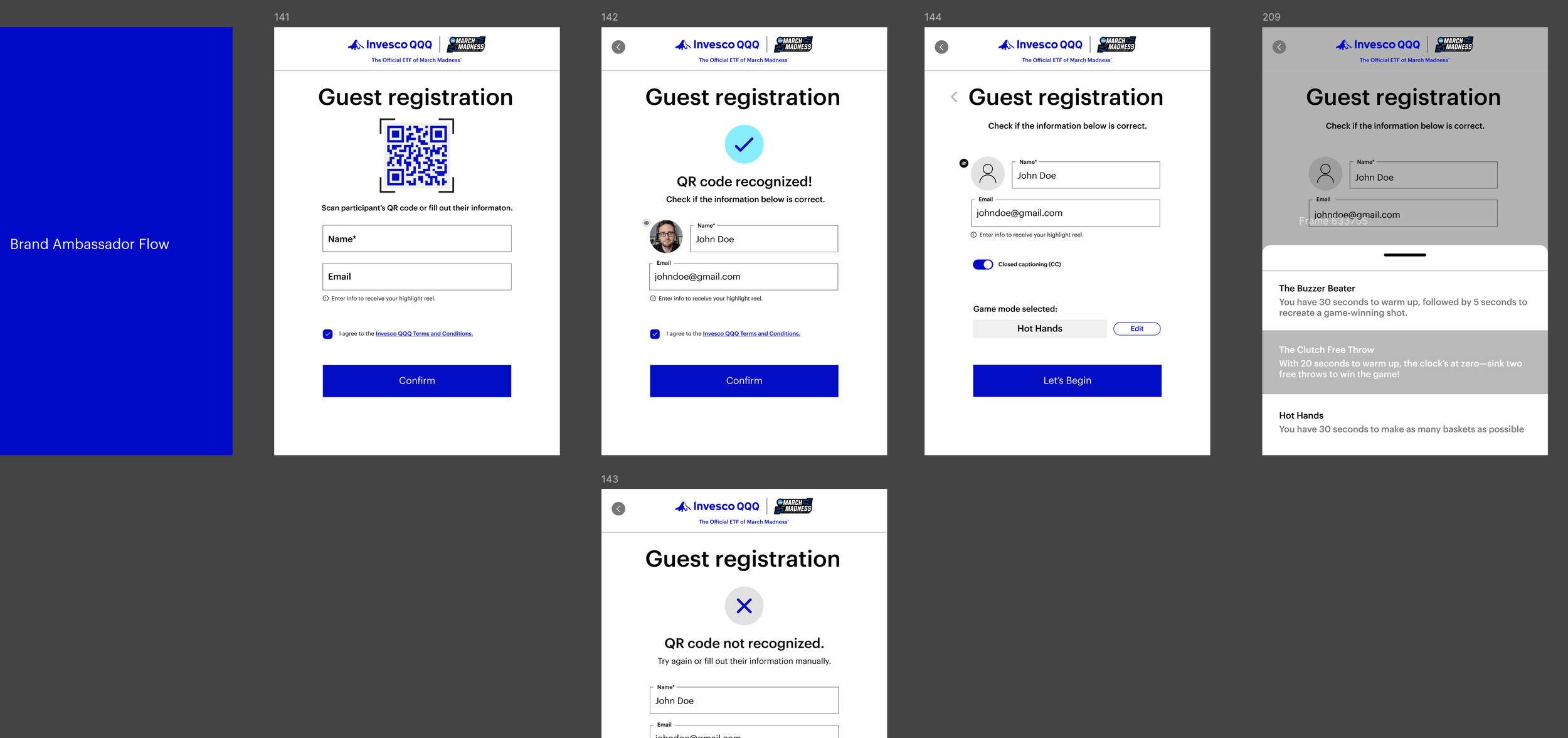 Screenshots of the Invesco QQQ March Madness guest registration process, including QR code scanning, form filling, and game instructions.