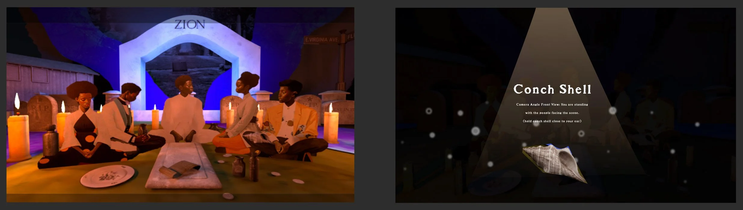 Digital artwork depicting five people in historical attire sitting around a memorial site with candles, tombstones in the background, and overlay text referencing the 'Conch Shell' and a camera view instruction.