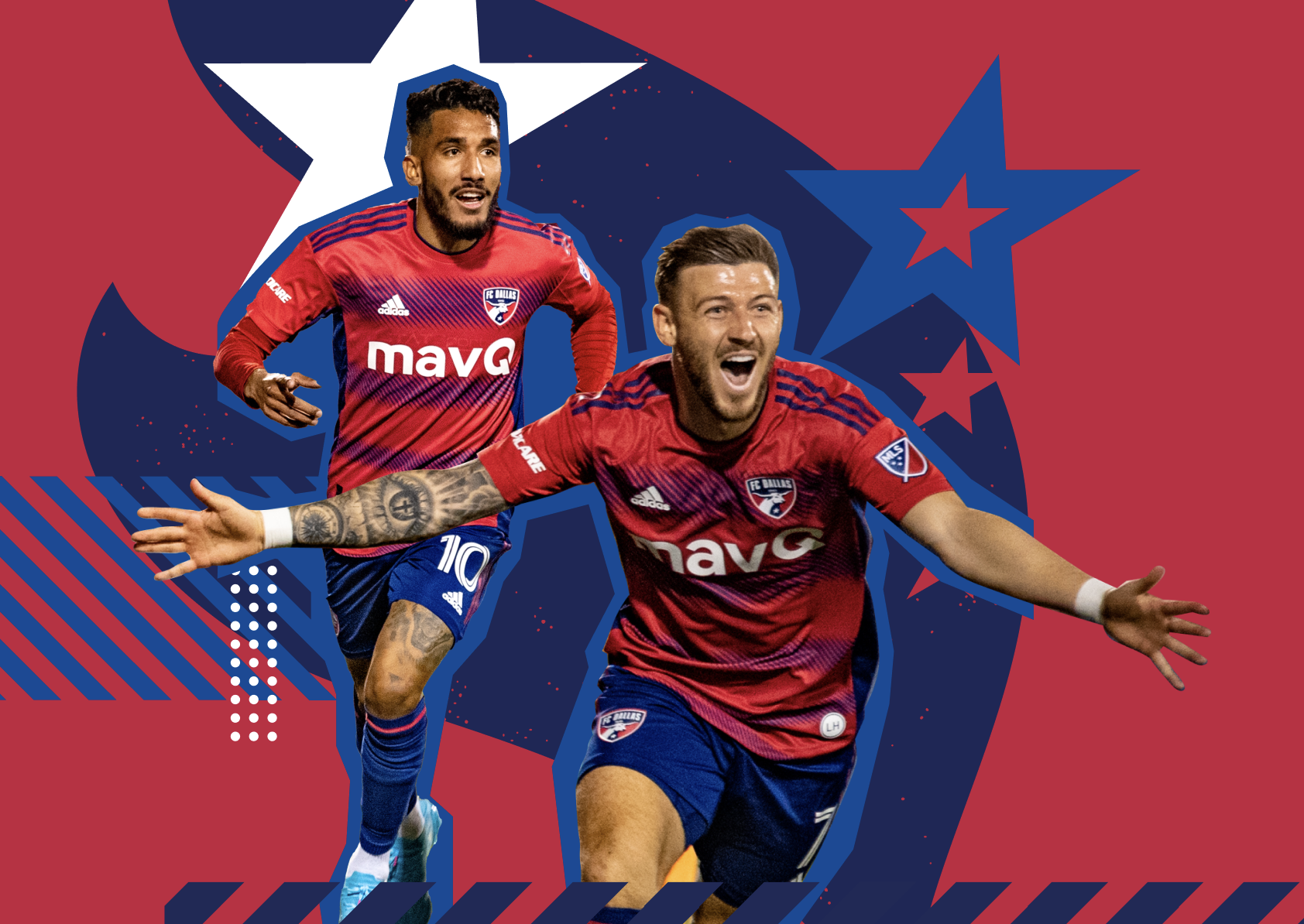 Two soccer players wearing red jerseys with FC Dallas logos celebrating on a graphic background of stars and stripes.