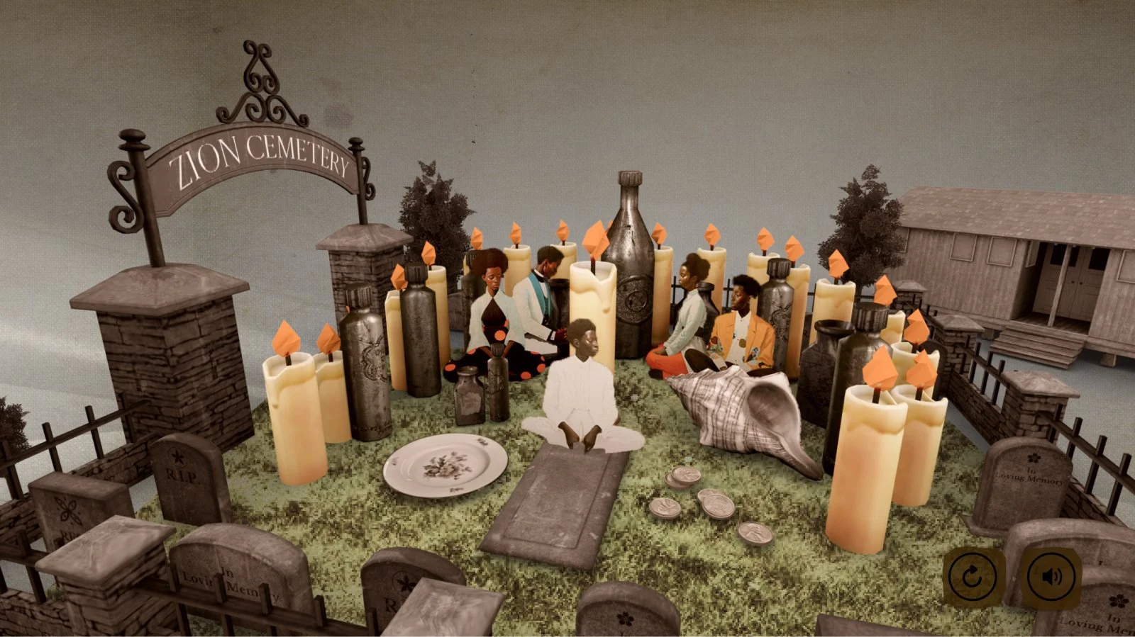 An artistic scene depicting a gravesite with candles, bottles, and figurines, for a funeral or memorial service at Zion Cemetery.