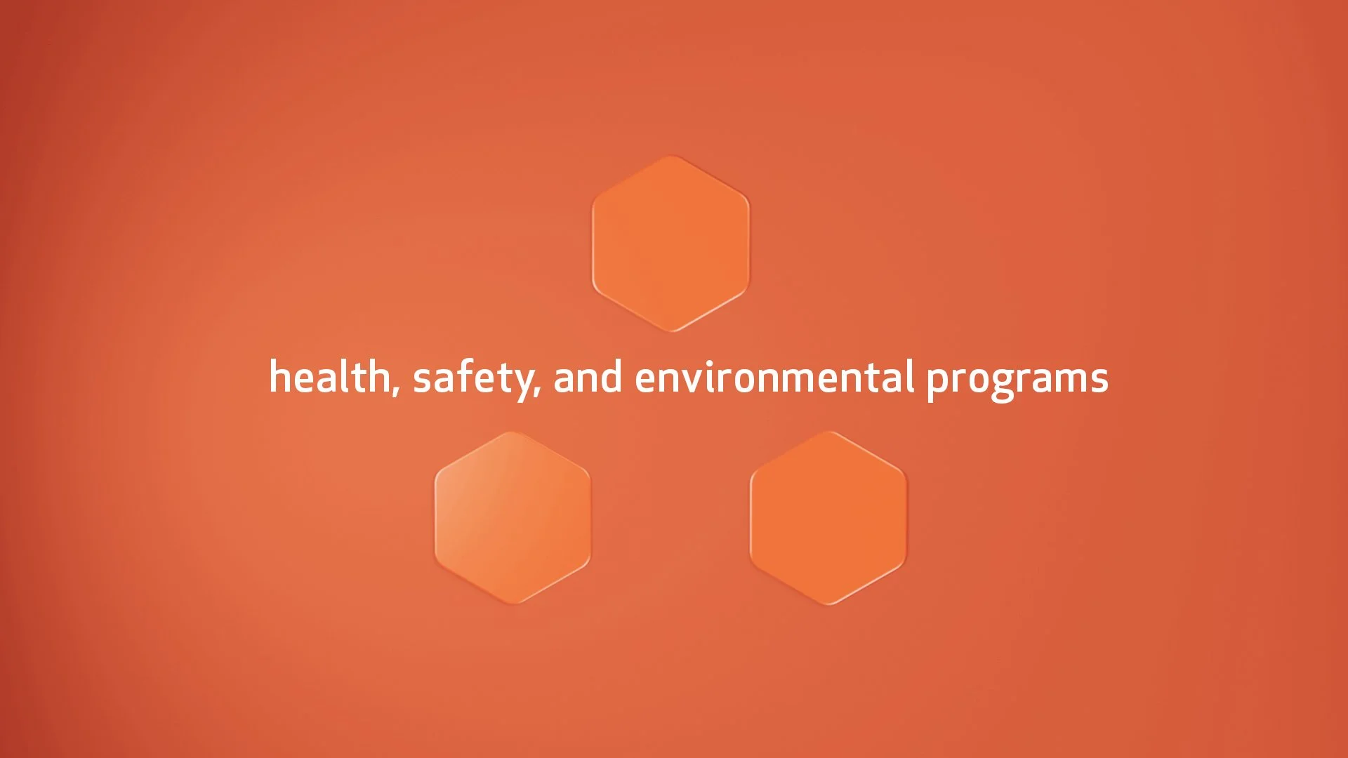 Orange background with three hexagons and white text that reads 'health, safety, and environmental programs'.