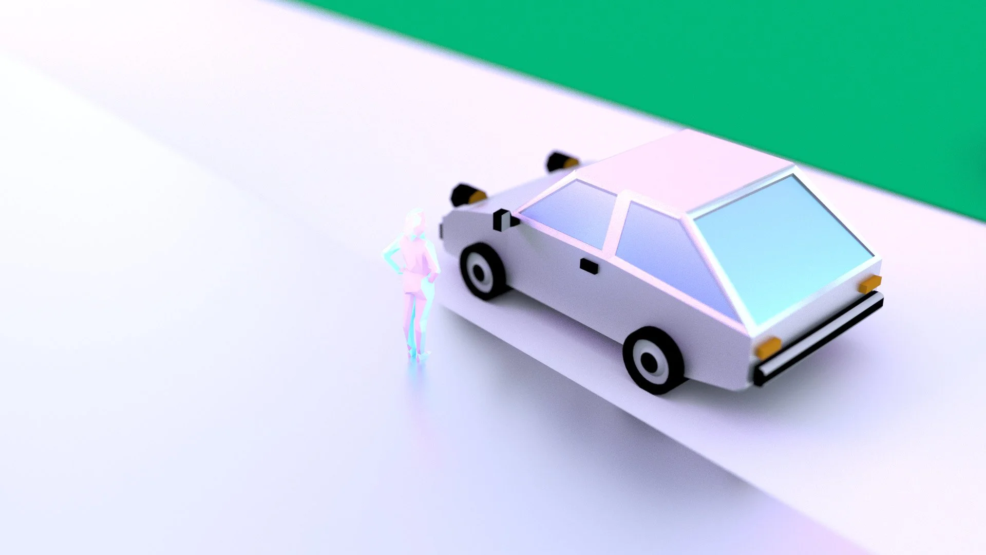 Digital illustration of a white futuristic car with a person standing next to it on a minimalist white background with green accents.