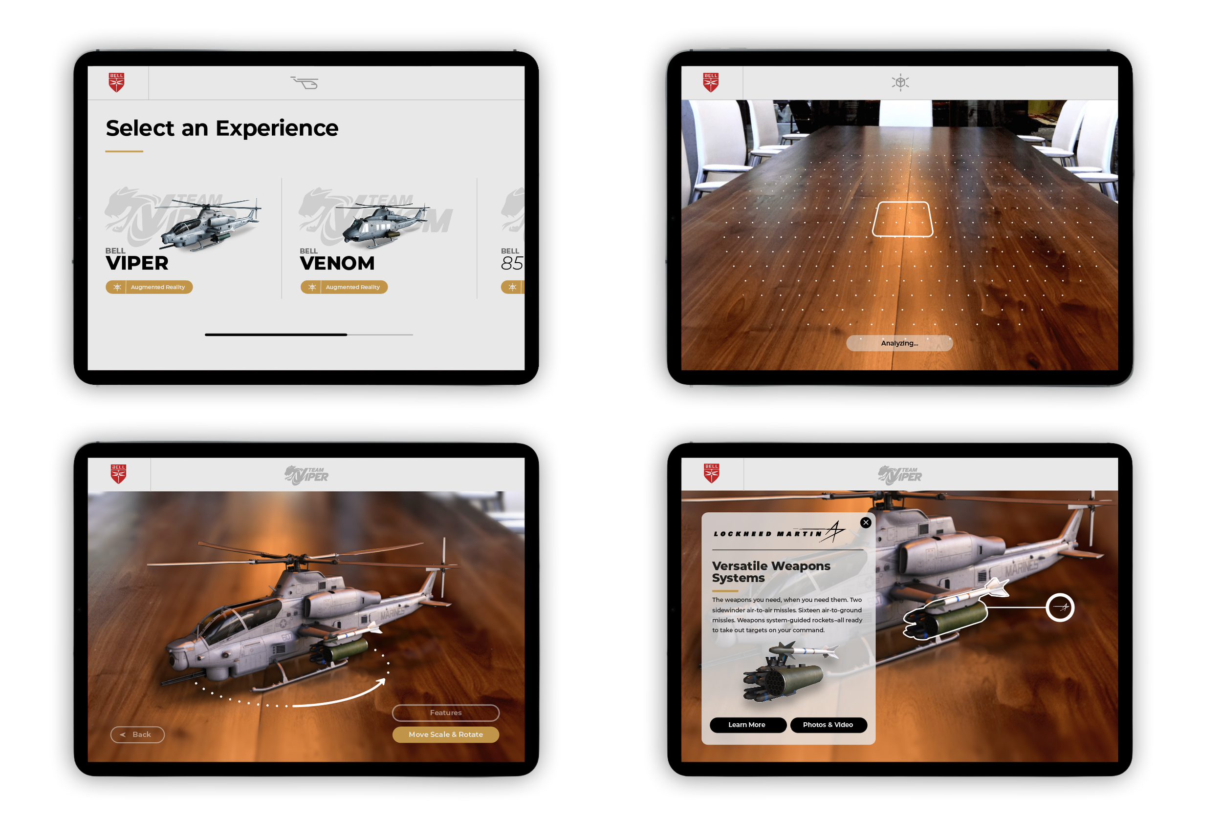 Screenshots of a mobile app interface displaying options for selecting military aircraft experiences, including a helicopter model and weapons systems, on a wooden table.