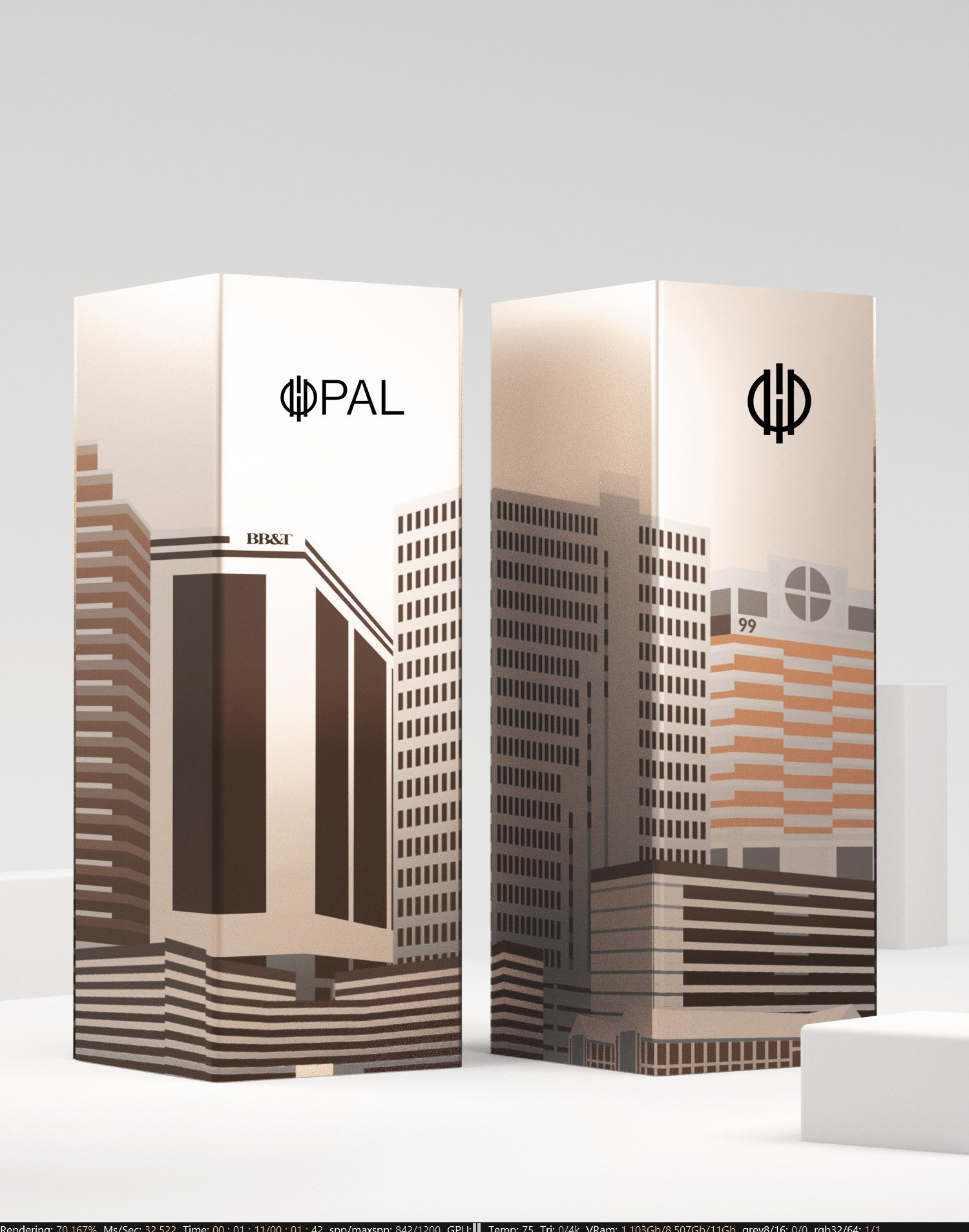 A foldable cardboard display featuring illustrations of city skyscrapers and the logo 'dH' at the top.