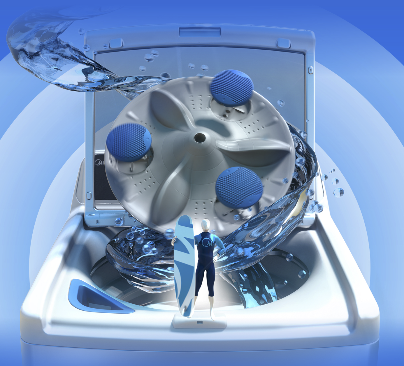 A washing machine overflowing with water, with a person in a wetsuit holding a surfboard standing inside it, and a large metallic object with blue speakers inside the machine.