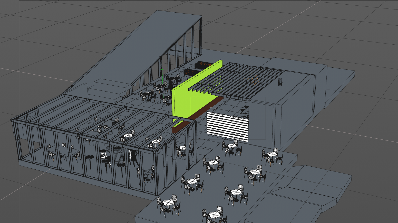 Architectural rendering of a modern restaurant interior with indoor and outdoor seating, and a bar area with a partially covered patio.