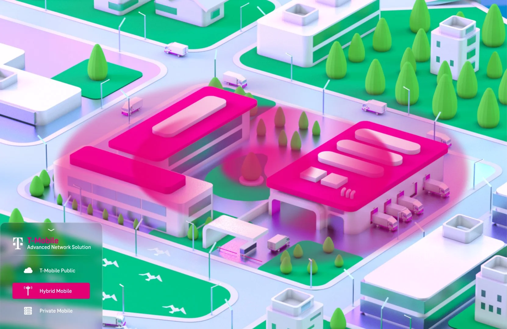 A colorful, stylized map showing a cityscape with buildings, trees, roads, and vehicles in pastel colors. A legend indicates different mobile network types, including T-Mobile Public, Hybrid Mobile, and Private Mobile.