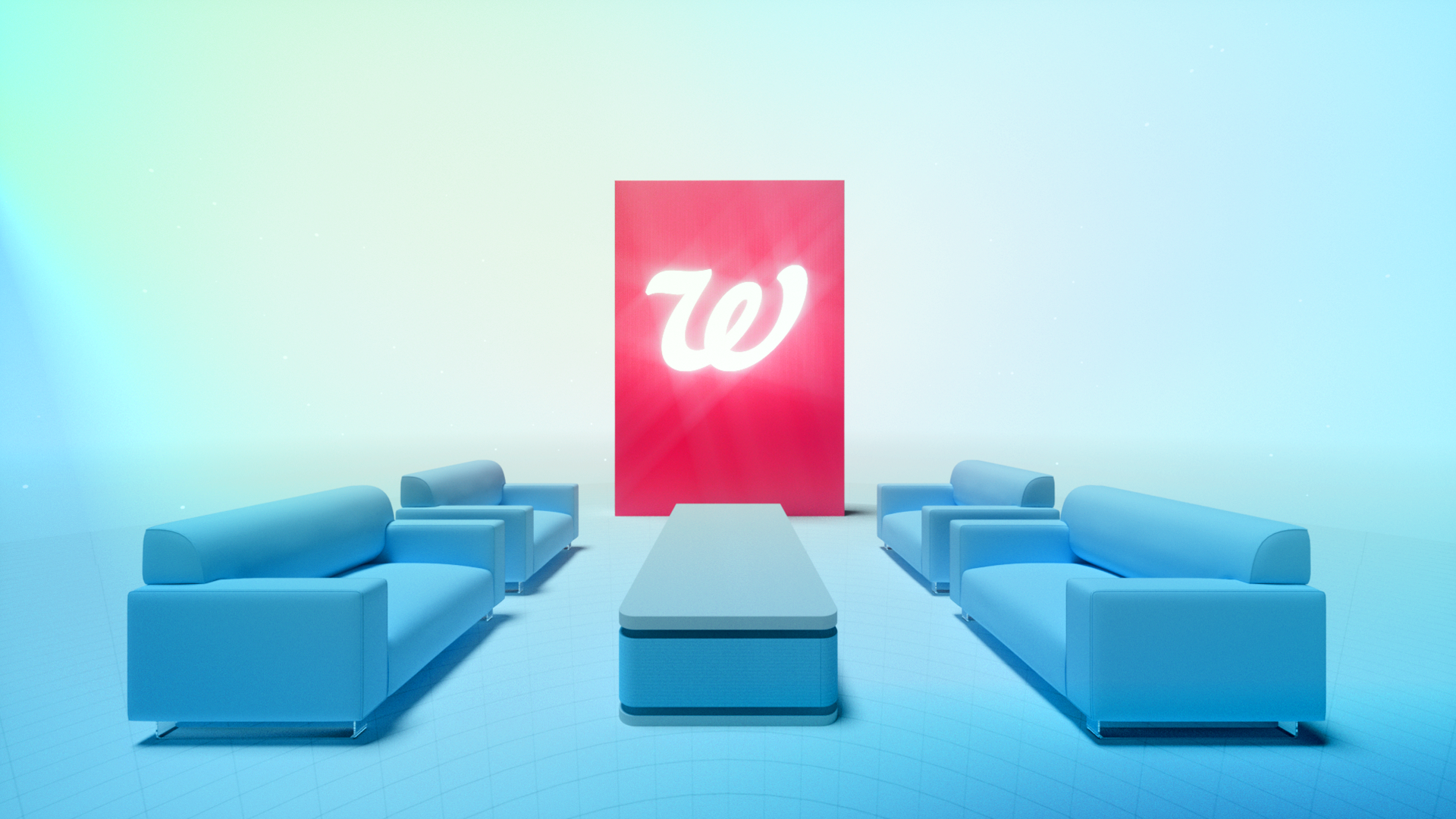 A modern, futuristic room with six blue couches arranged in a U-shape around a central white table. In the background, a tall pink screen displays a white 