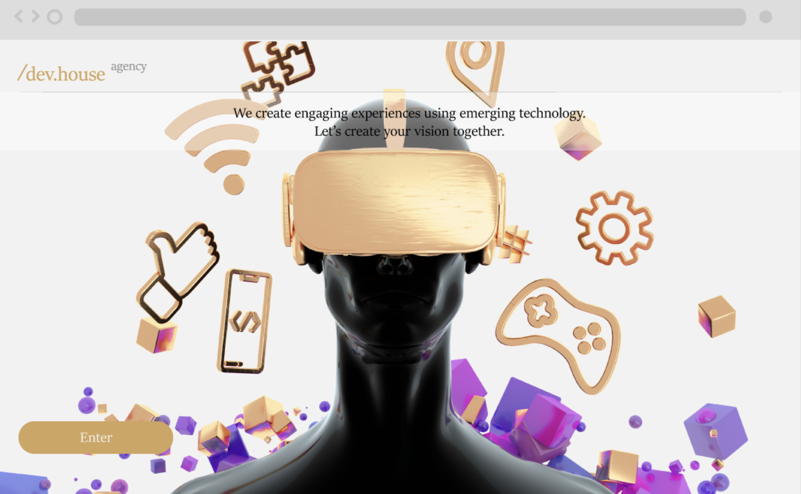 A mannequin head with a gold virtual reality headset, surrounded by digital icons like gaming controllers, gears, a thumbs-up, a smartphone, and geometric shapes, with a website header and a gold "Enter" button.
