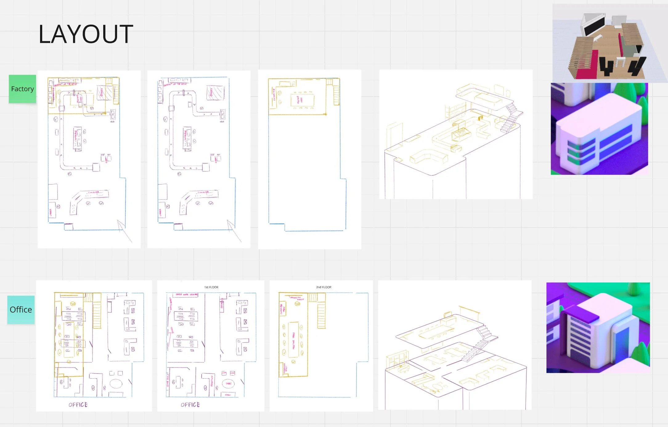 Architectural floor plans labeled for factory and office layouts with 3D model images of interconnected structures.