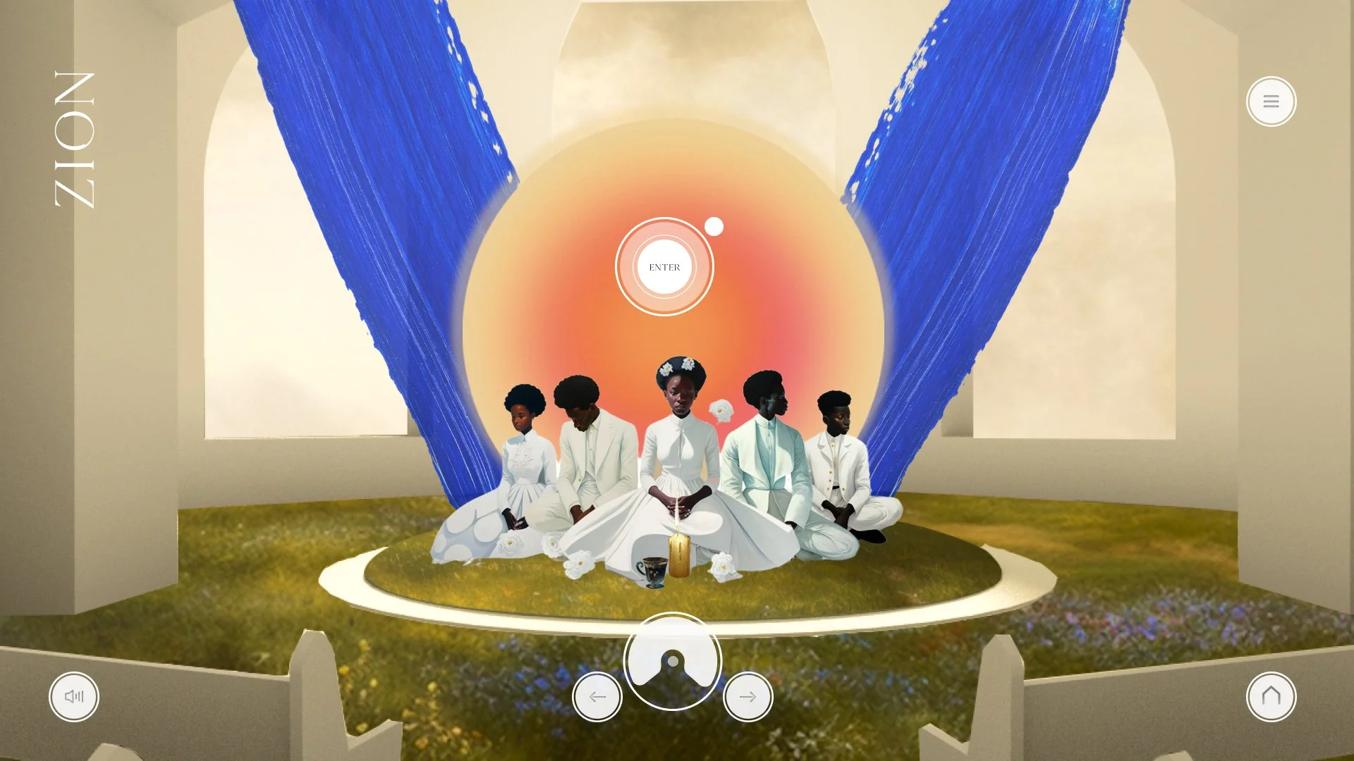 A digital illustration of five Black women dressed in white, sitting cross-legged on a green circular platform, with various objects in front of them including a cup, a candle, and white flowers. The background features an abstract sunrise or sunset 