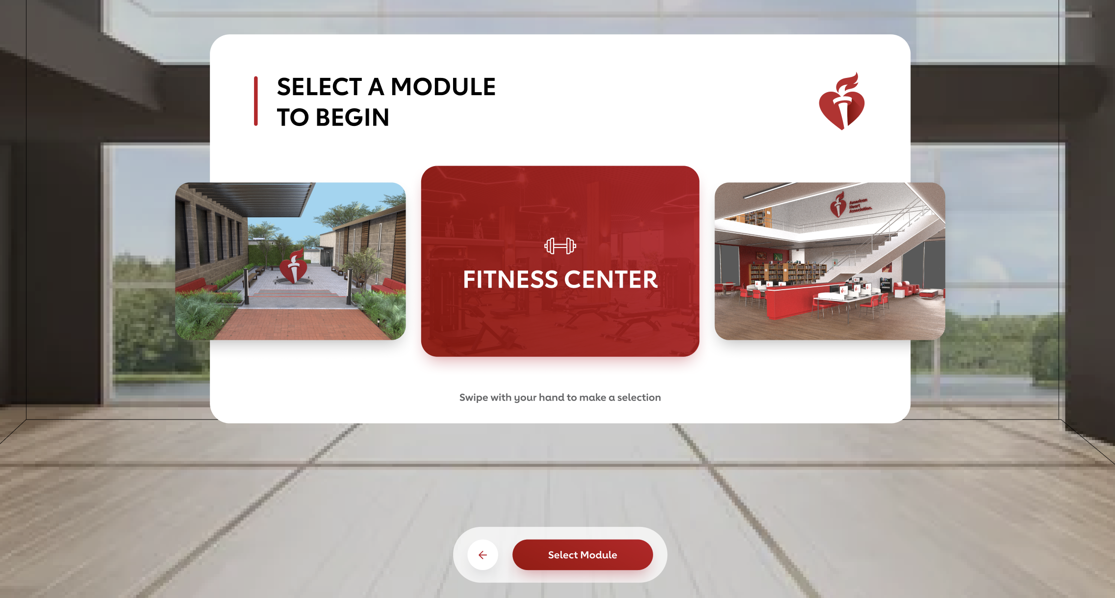 A digital interface with options to select a module, featuring images of an outdoor patio with landscaping and a modern indoor gym area with red and white accents, representing a fitness center.