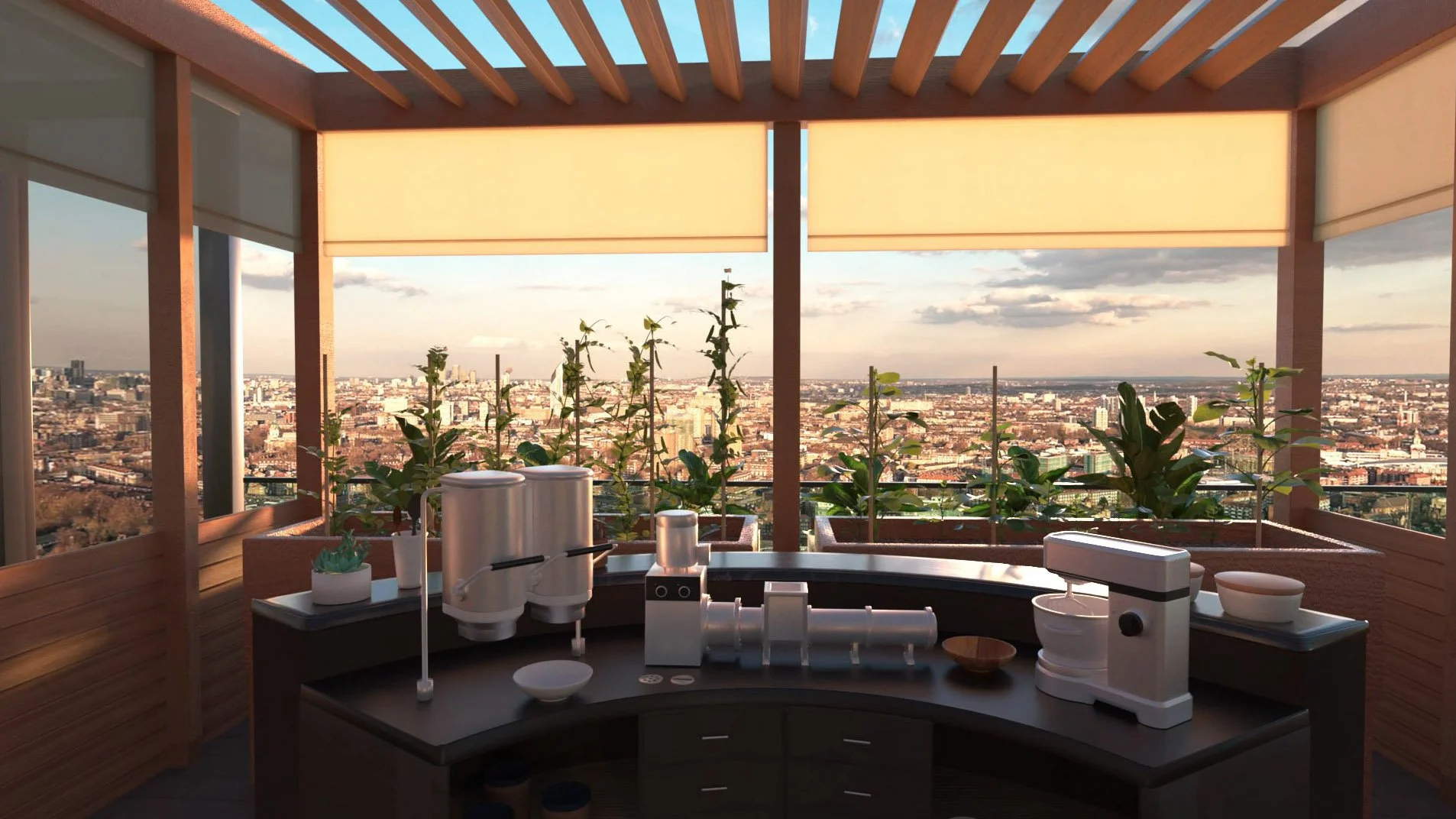 A rooftop terrace with a city view, featuring a wind turbine and potted plants, with a modern kitchen station in the foreground.