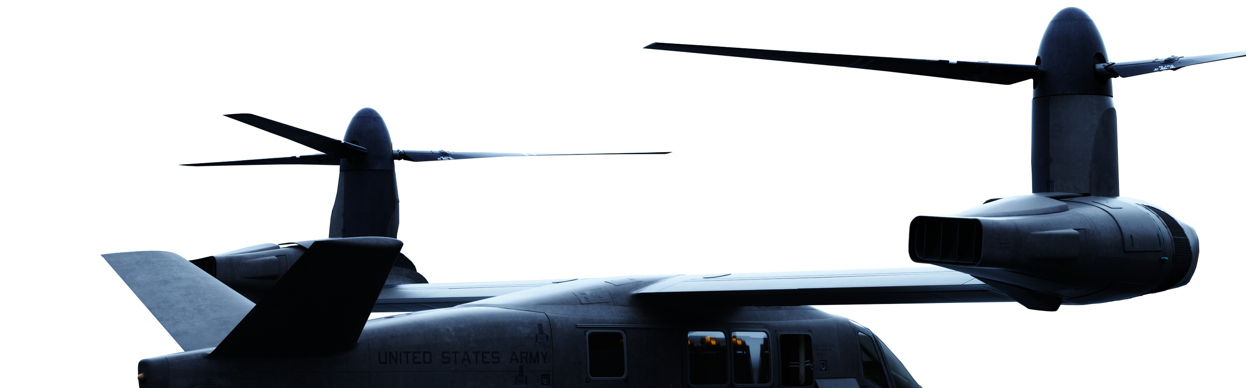 A military helicopter with a dark gray body and the USA Army label, shown from the side, with tiltrotor wings extended.