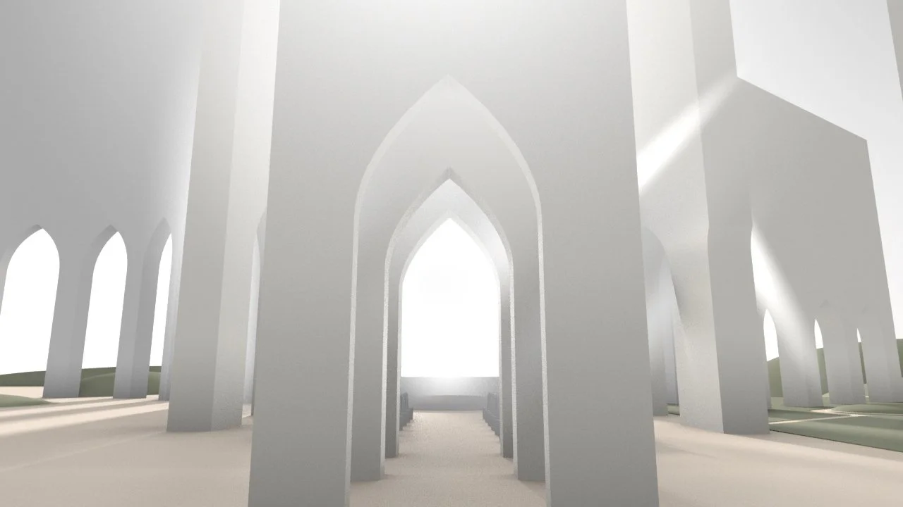 A minimalist, modern white church interior with high, pointed arches and tall windows.