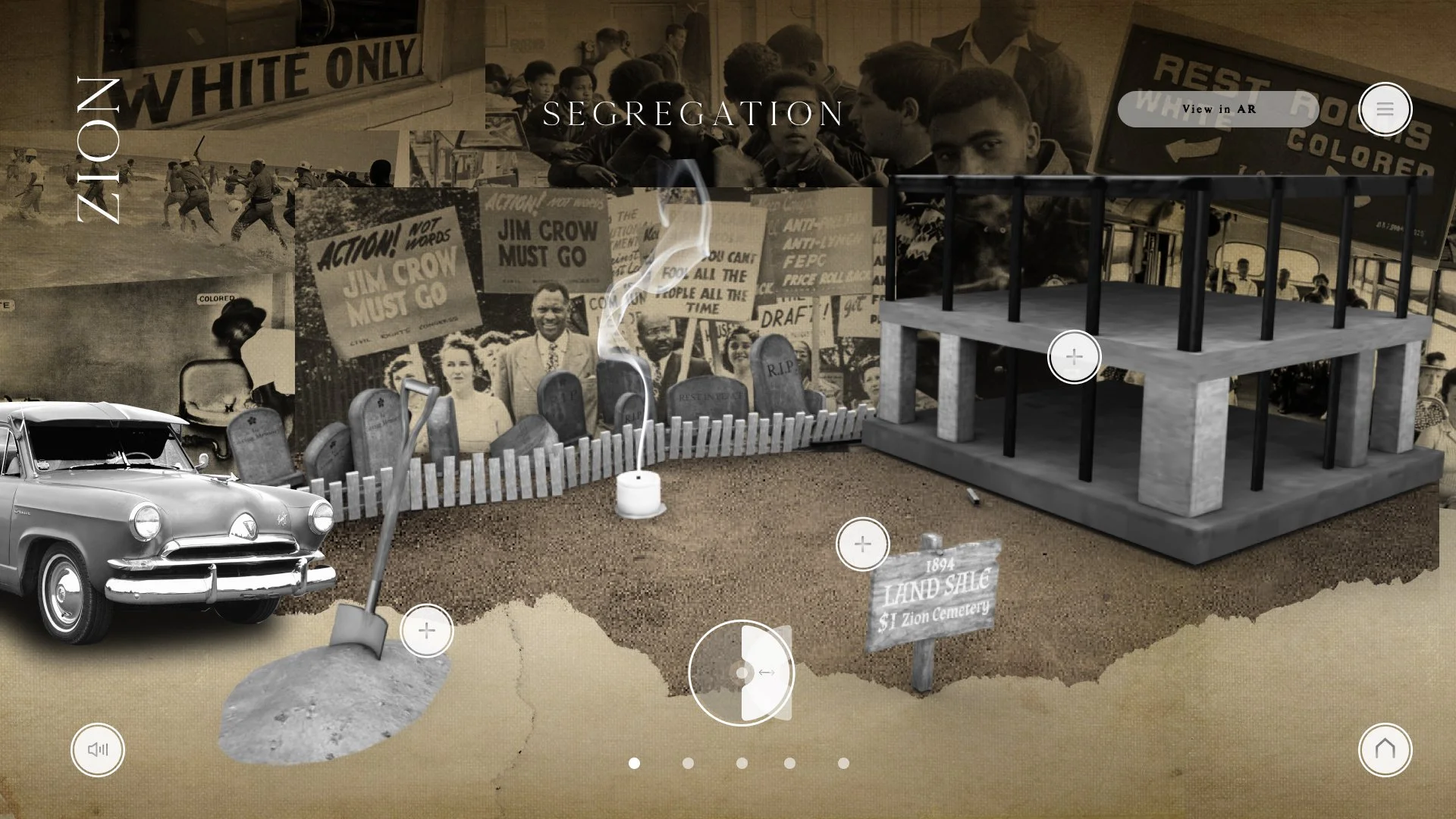 An interactive digital collage depicts segregated history with vintage black and white photographs and objects. It includes a black-and-white car in the foreground, a replica of a small graveyard with tombstones, protest signs demanding civil rights,