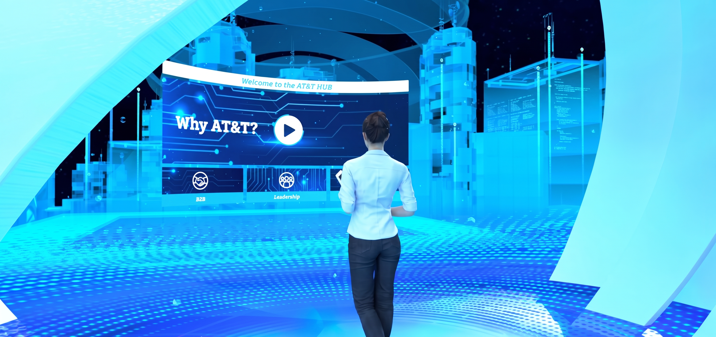 A person in business attire standing in a futuristic digital environment with blue holographic displays and screens featuring information about AT&T, including sections labeled 'Why AT&T?', 'B2B', and 'Leadership.'