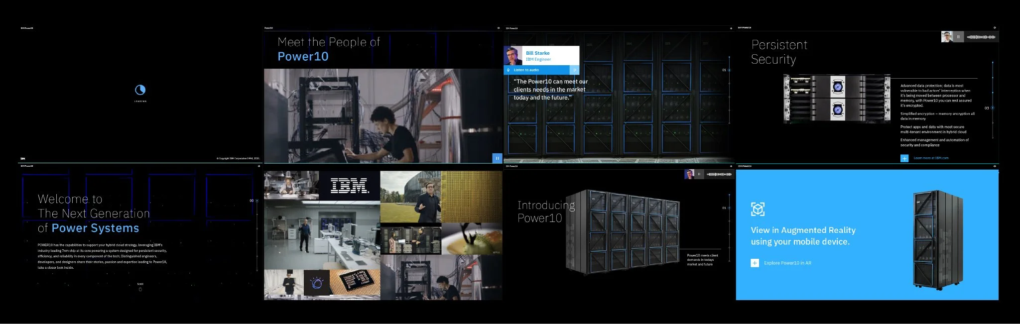 A digital presentation about IBM Power10 servers, with images of server hardware, engineers, and slides about security and augmented reality features.