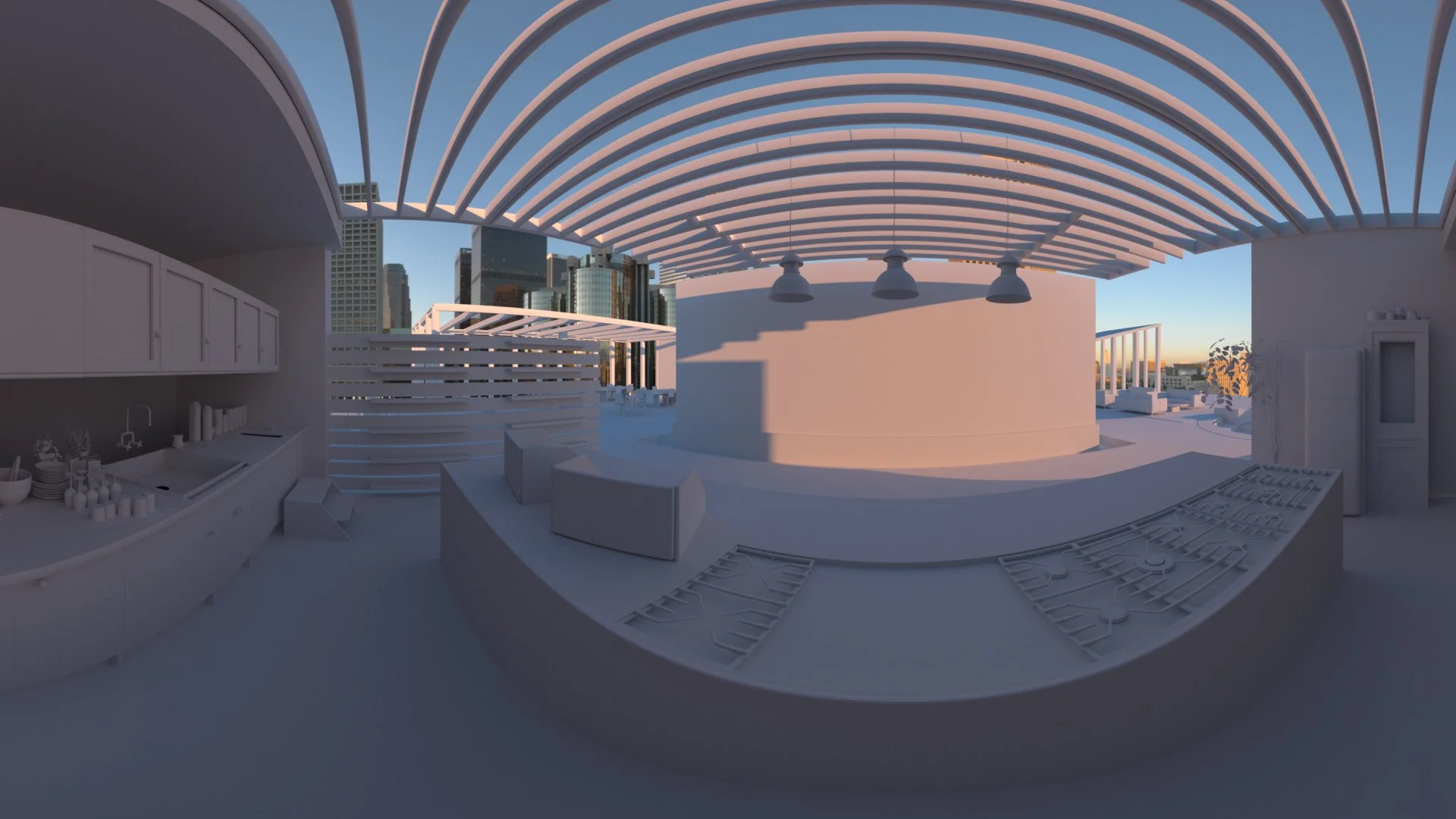 3D rendering of a modern rooftop patio with a curved open-air structure, cityscape background, and outdoor furniture.