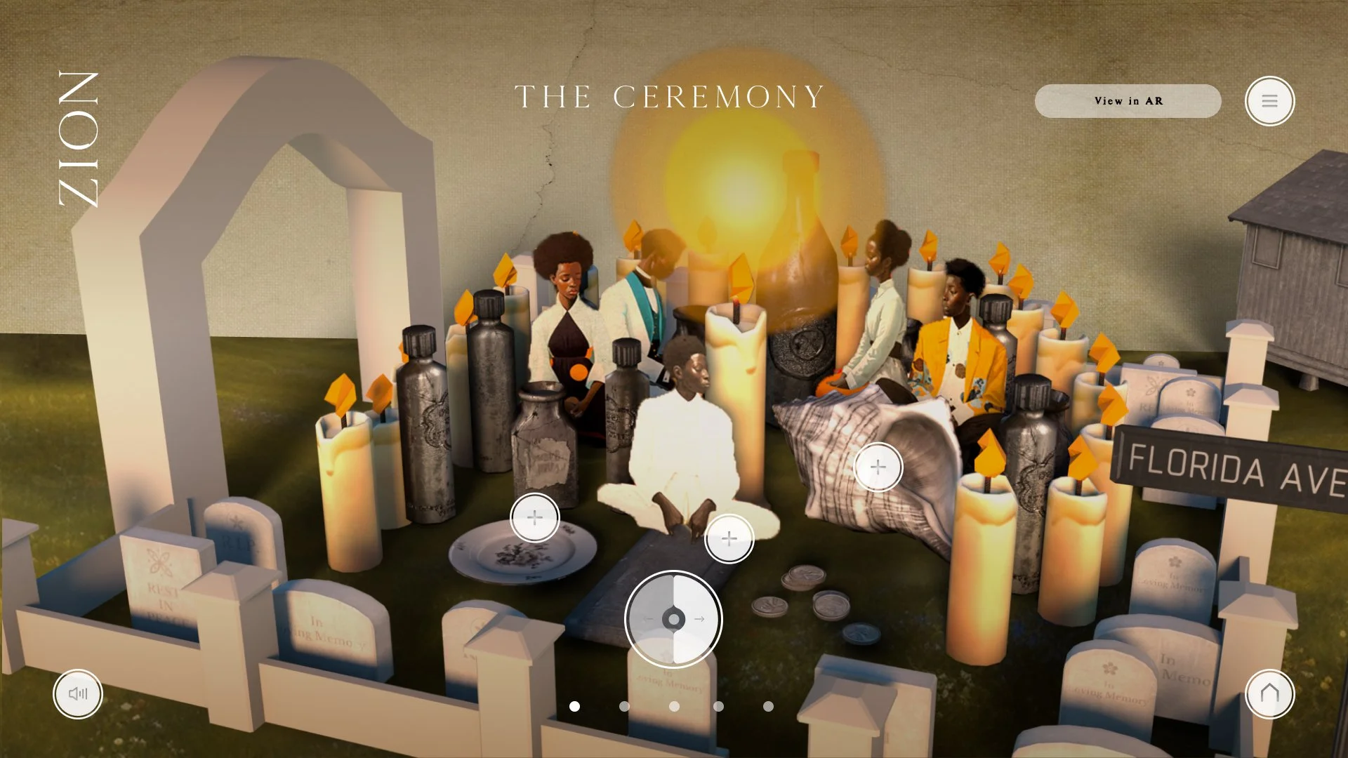 Digital art depicting a virtual memorial scene with candles, a photograph, and diverse people sitting in a circle, symbolizing remembrance.