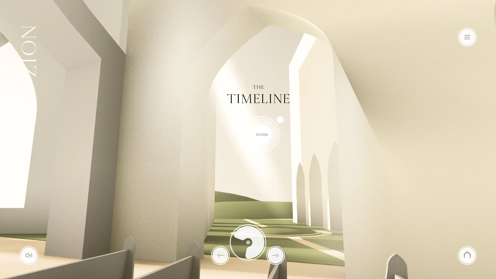 Digital illustration of an architectural space with high arched ceilings, light-colored walls, and a grassy area, featuring the text 'The Timeline' and an 'Enter' button in the center.