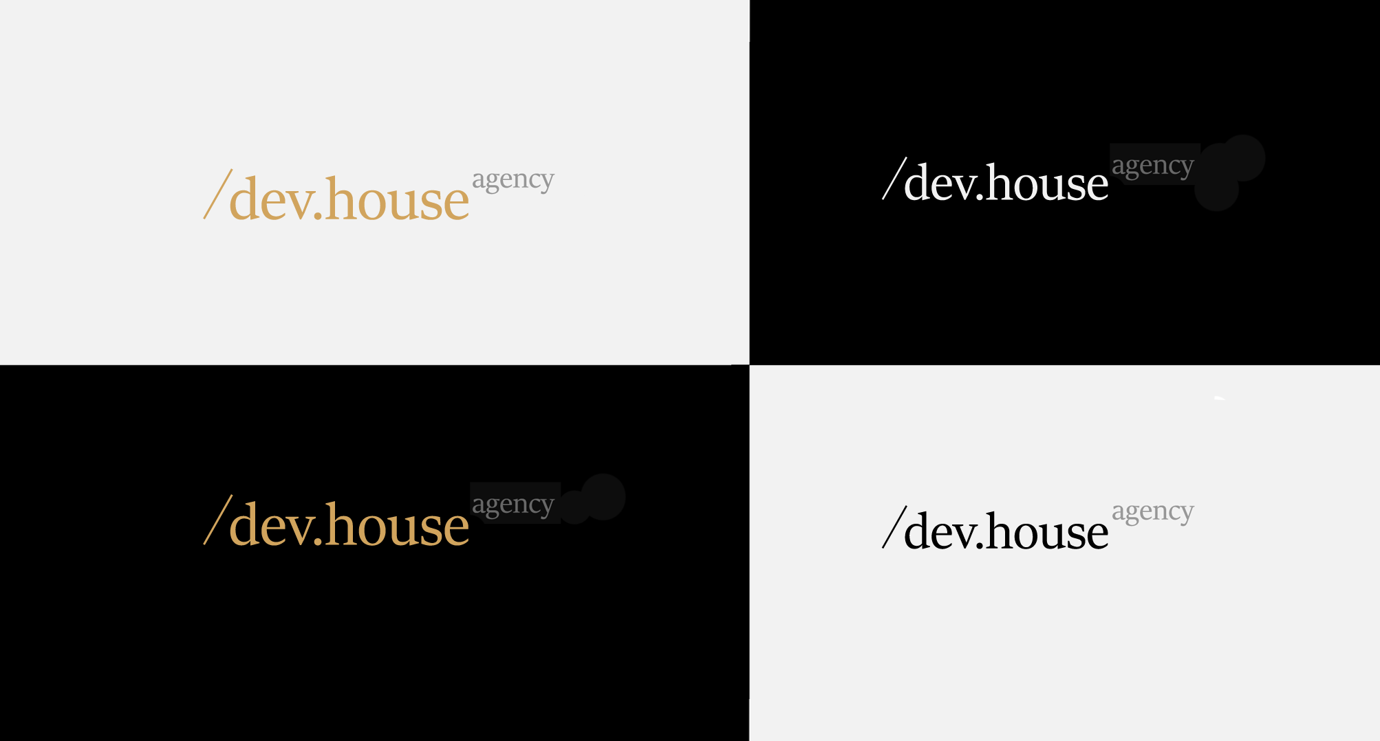 Image showing four design variations of the text '/dev.house agency' with alternating background colors and font colors.