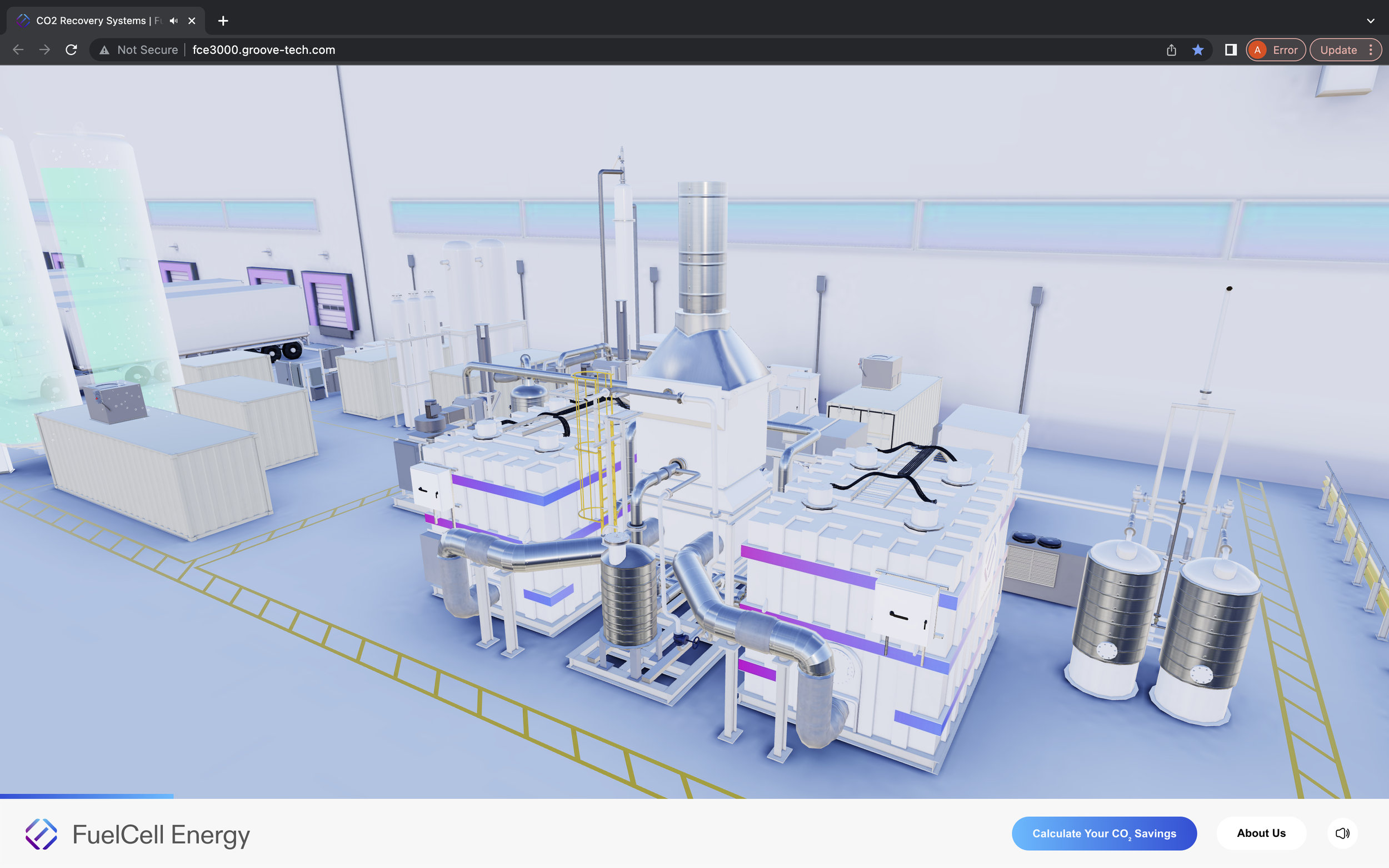 A digital illustration of a clean, modern carbon dioxide recovery system with various interconnected machines, pipes, and tanks in a bright, industrial or laboratory setting.