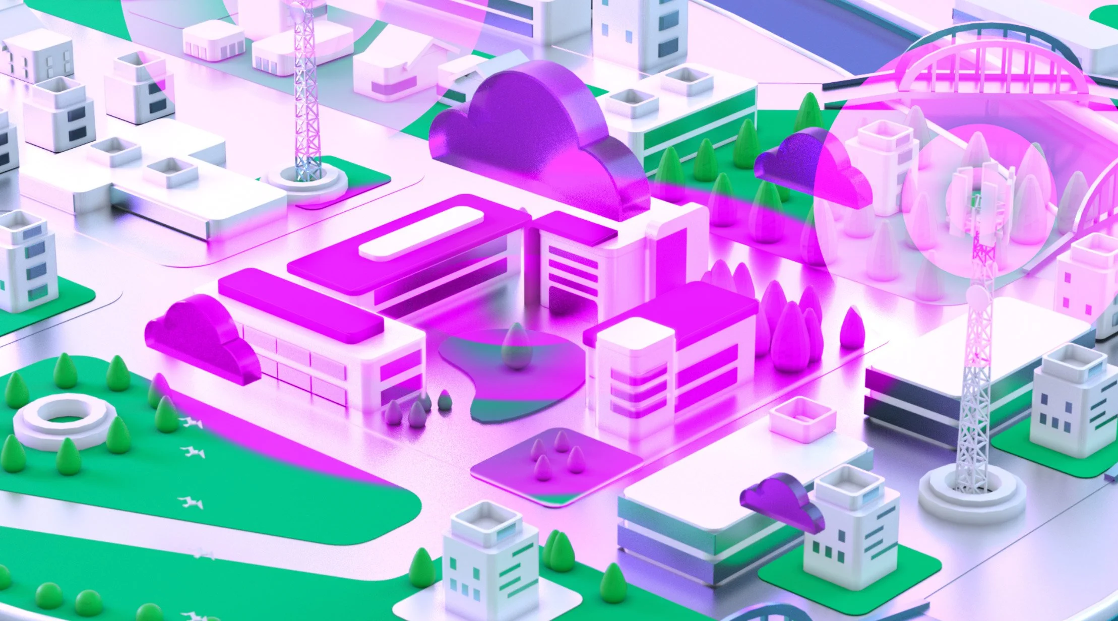 Colorful stylized city map with buildings, trees, a bridge, and a pond all in vibrant purple, green, and white colors.
