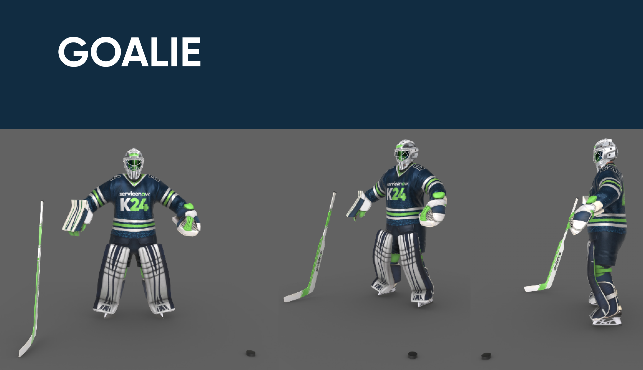 Three ice hockey goalies in blue, green, and white uniforms standing on ice with hockey sticks and pads, posing for a team photo.