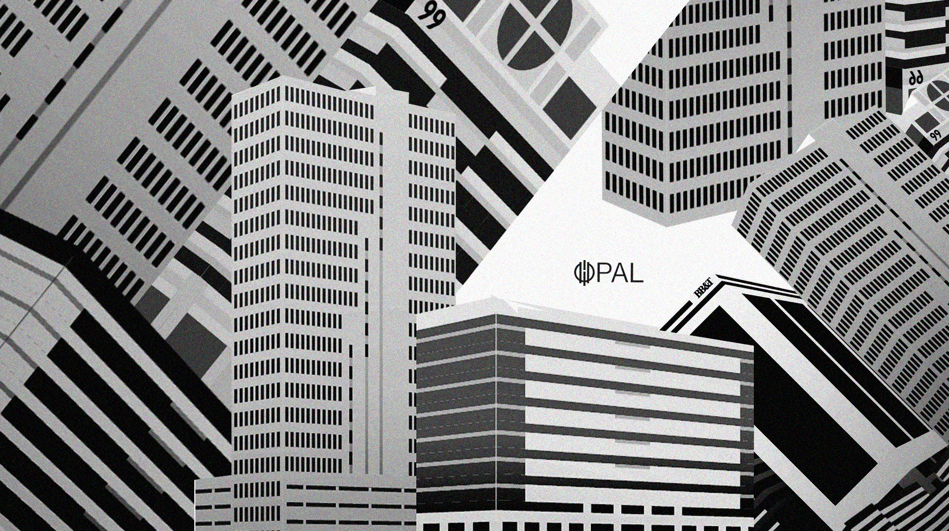 Black and white digital illustration of multiple tall office buildings with windows, including logos of PAL and BB&T, forming a cityscape.