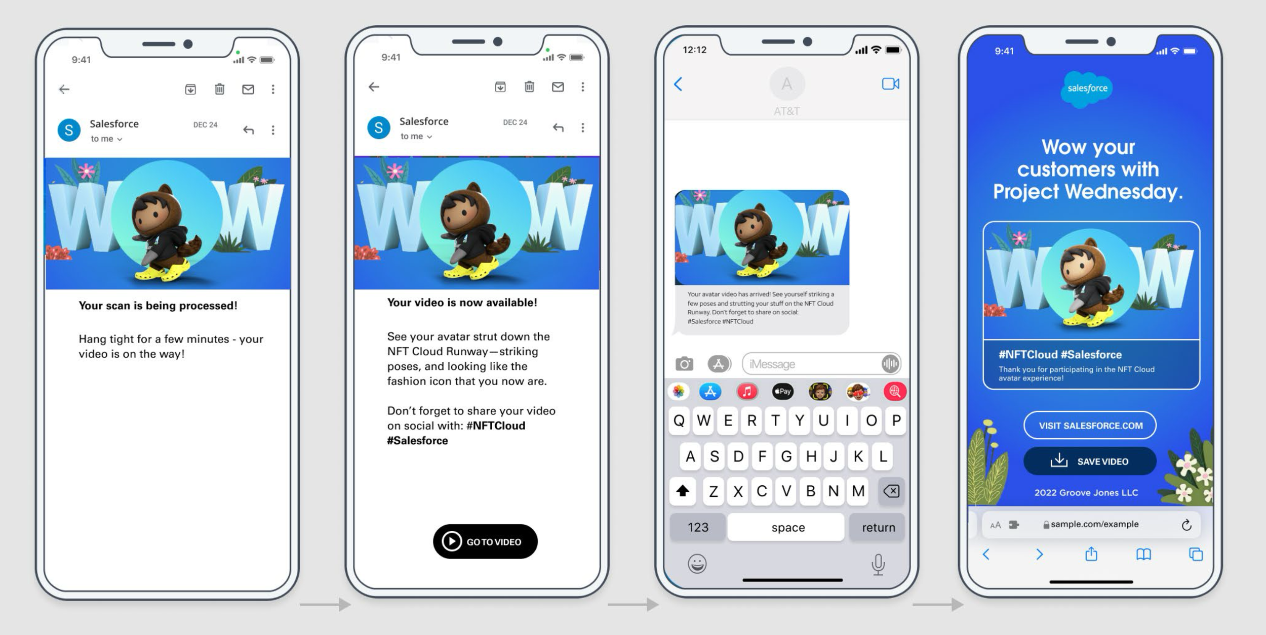 Sequence of four smartphone screens showing an email notification about a Nike-themed avatar video processing and availability, a message about a Snapchat video, and a promotional Salesforce ad encouraging participation in Project Wednesday with a gr