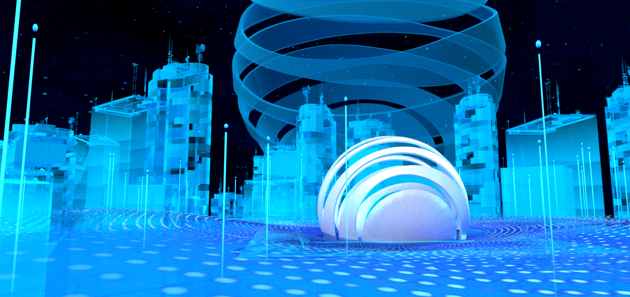Futuristic digital cityscape with glowing blue skyscrapers, circular holographic structures, and a starry night sky.