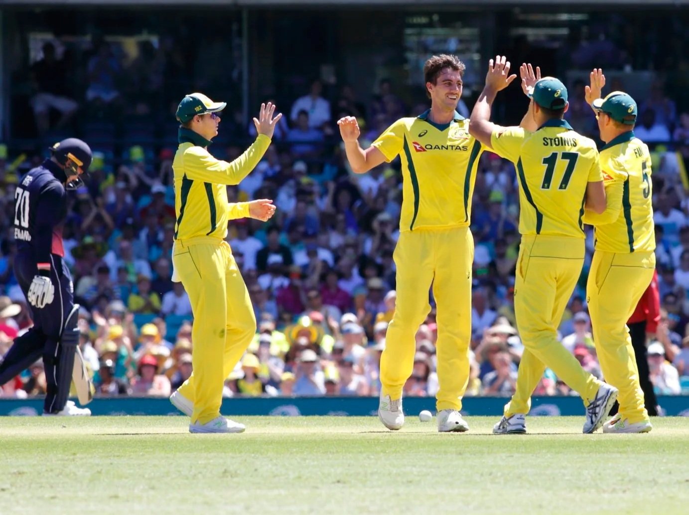 Australian cricket players celebrating on the field during a match while crowd watches in the background.