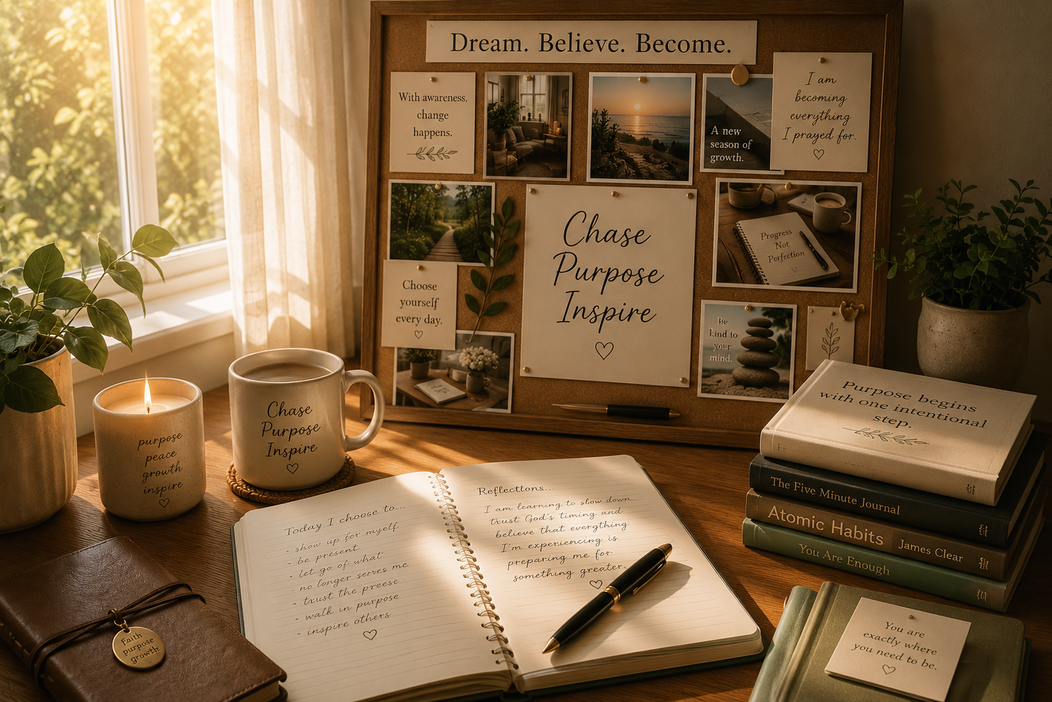 A warm writing space with an open journal, fountain pen, candle, books, plants, and a vision board featuring inspirational messages, representing purpose, personal growth, creativity, and intentional living.