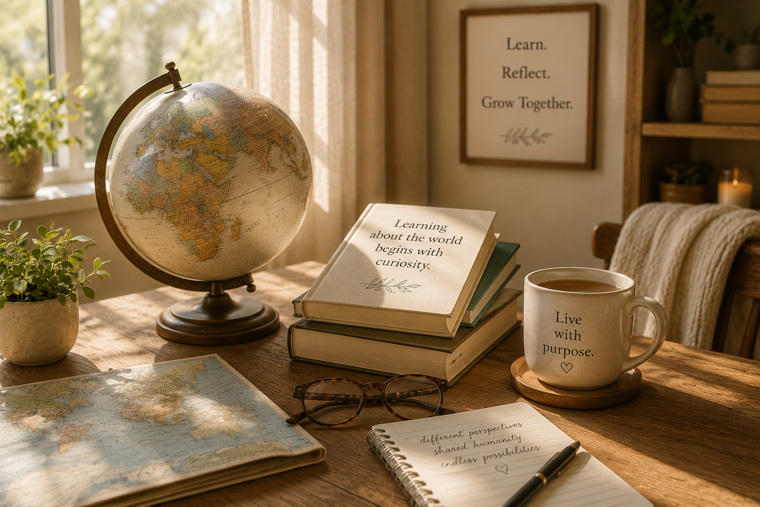A welcoming reading table featuring a globe, books, a notebook, and soft natural light, representing curiosity, lifelong learning, shared humanity, and a broader perspective on the world around us.
