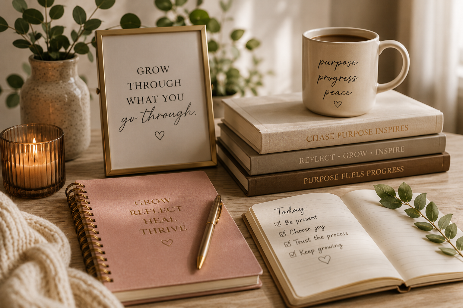 Inspirational workspace featuring journals, books, a coffee mug, and handwritten reflections, representing personal growth, healing, and purposeful living through Chase Purpose Inspires.
